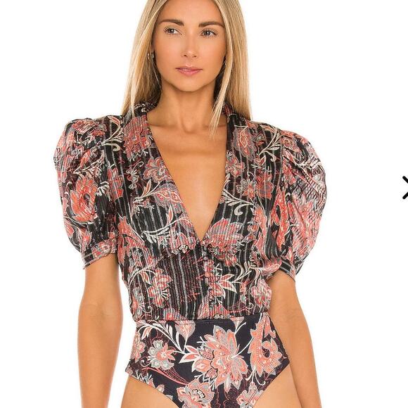 Hemant & Nandita x REVOLVE Zoie Bodysuit Women’s M Black Floral V-Neck black - Picture 1 of 16